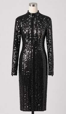 Vintage Black Sequin Dress Long Sleeve 1980s Glam Sparkle